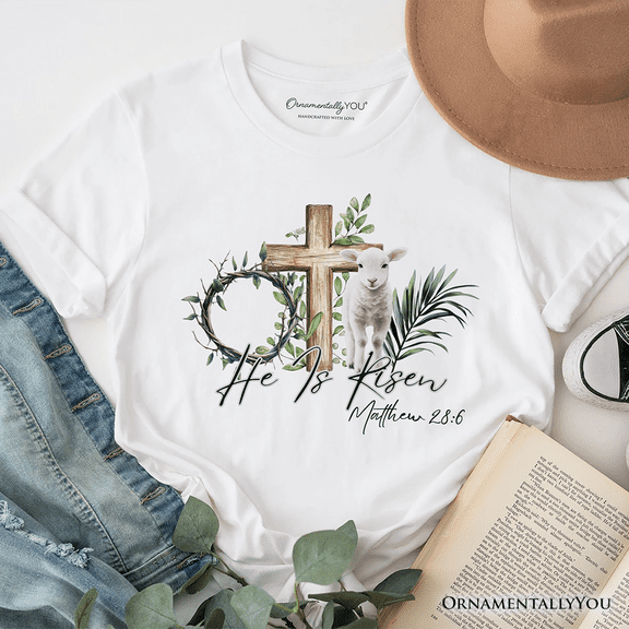He Is Risen Lamb Cross Christian Easter T-Shirt, Bible Verse Matthew 28:6 Tee