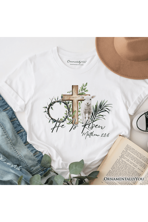 He Is Risen Lamb Cross Christian Easter T-Shirt, Bible Verse Matthew 28:6 Tee
