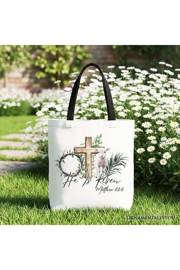 He Is Risen Lamb Cross Christian Easter Tote Bag, Bible Verse Matthew 28:6 Gift Shopper