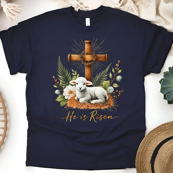 He Is Risen Lamb and Cross Christian Graphic T-Shirt, Navy, Size 3XL