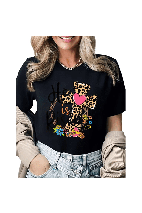 He Is Risen Leopard Print Cross Easter Graphic Tees Womans Tshirt Shirts White S-5XL Tops