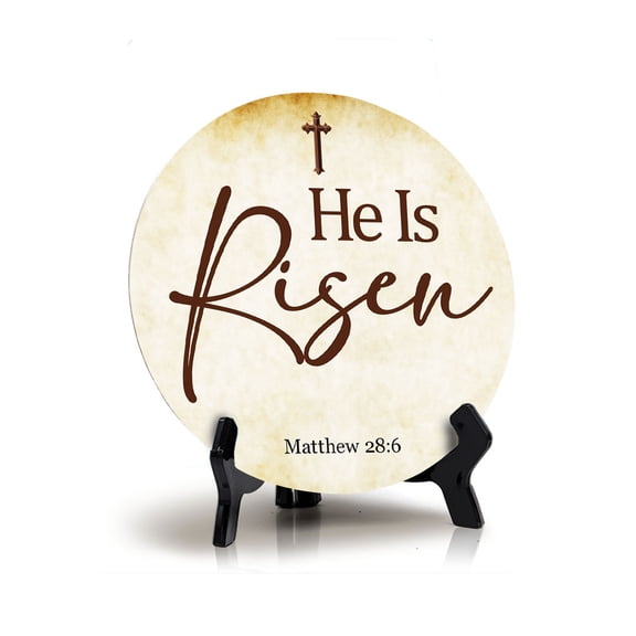 He Is Risen Matthew 28:6 Circle Table Sign with Acrylic Stand (5x5") | Religious Home Decor