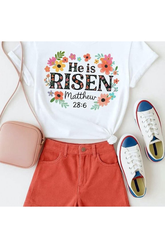 _He Is Risen Matthew 28_6_ Floral Wreath Easter T Shirt Art