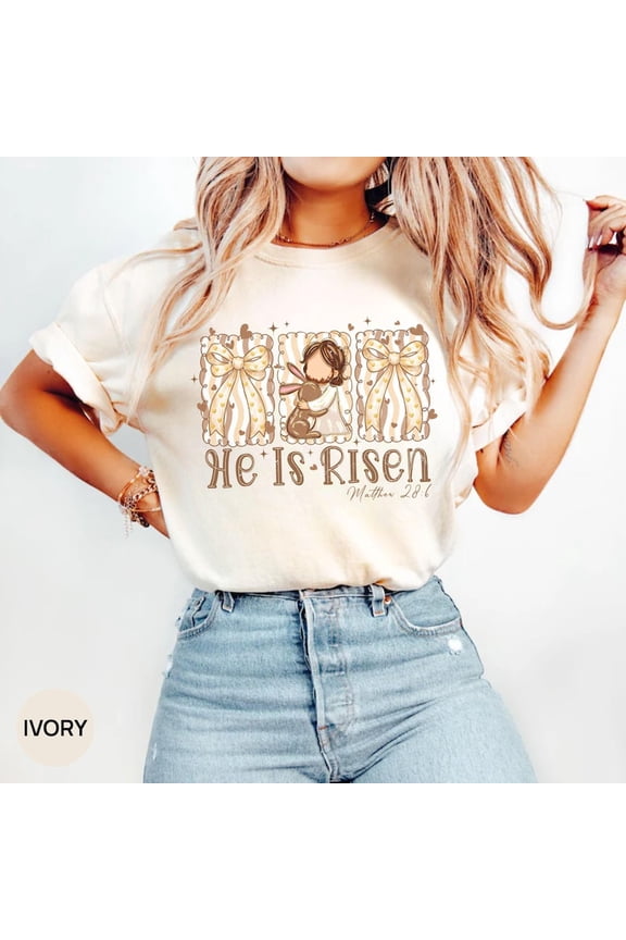 He Is Risen Matthew 28:6 Shirt, Coquette Bow Christian Easter Graphic, Comfort Colors Unisex Cotton T-Shirt, Size S-3XL