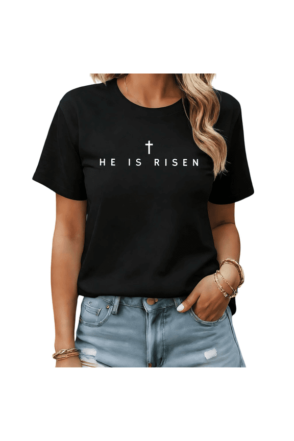 He Is Risen Minimalist Cross Easter Graphic Tees Womans Tshirt Shirts Black S-5XL Tops