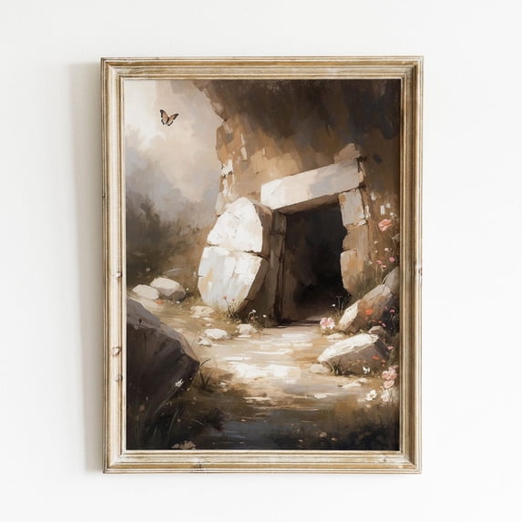 He Is Risen Poster Butterfly Tomb Scene Fine Art Home Decor, Unframed Canvas 16x20in