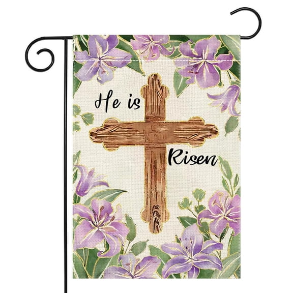 He Is Risen Religious Easter Cross Garden Flag 12.5x18 Double Sided Burlap Farmhouse Spring Holiday Yard Decoration