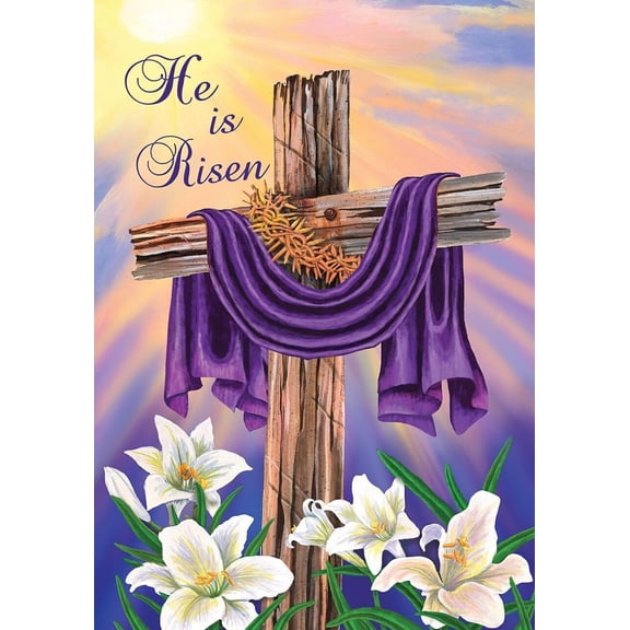 He Is Risen Religious Easter House Flag Briarwood Lane Cross Design 12" x 18" Yard Flag