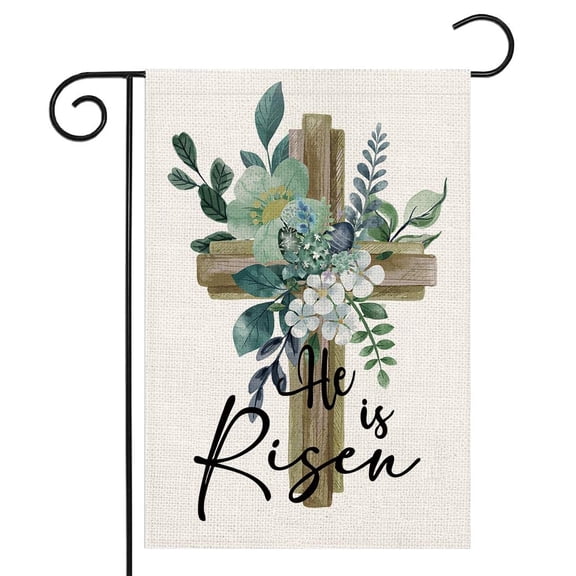 He Is Risen Religious Garden Flag 12.5 x 18 Inch Double Sided Burlap Easter Cross Spring Yard Decoration