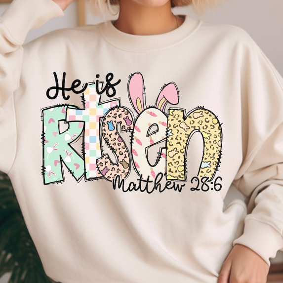 He Is Risen Sweatshirt, Matthew 28:6 Retro Easter Pullover, Christian Bible Verse Easter Shirt, Faith-Based Spring Religious Sweater