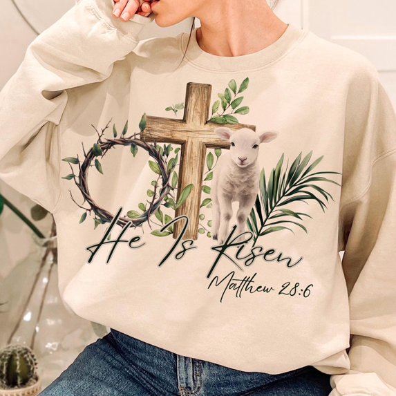 He Is Risen Sweatshirt, True Easter Crewneck, Christian Lamb and Cross Pullover, Bible Verse Top, Religious Easter Sweatshirt