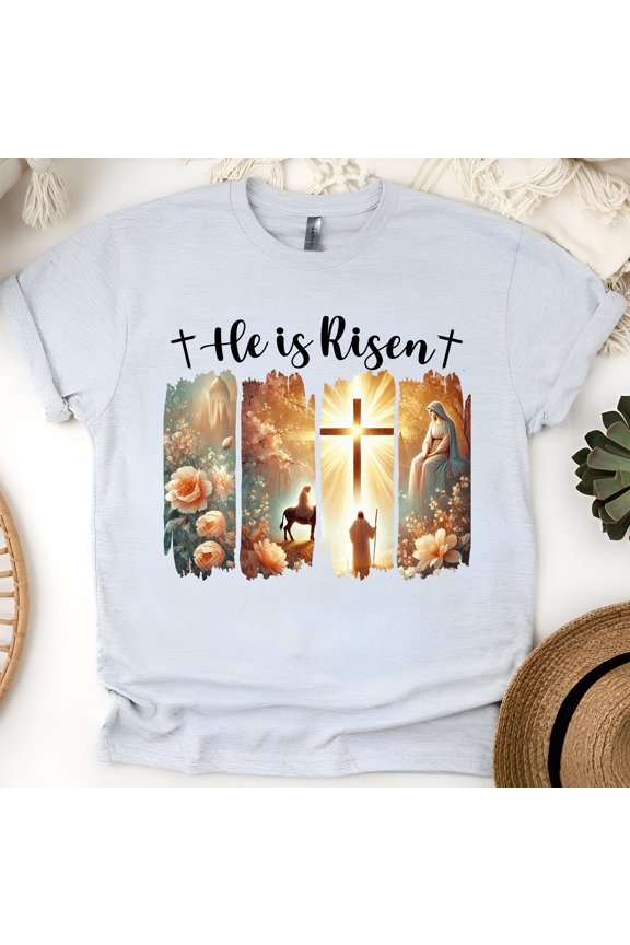 He Is Risen T-Shirt | Christian Cross and Resurrection Graphic Tee, Ash, Size S