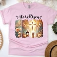 thumbnail image 1 of He Is Risen T-Shirt | Christian Cross and Resurrection Graphic Tee, Light Pink, Size S, 1 of 6