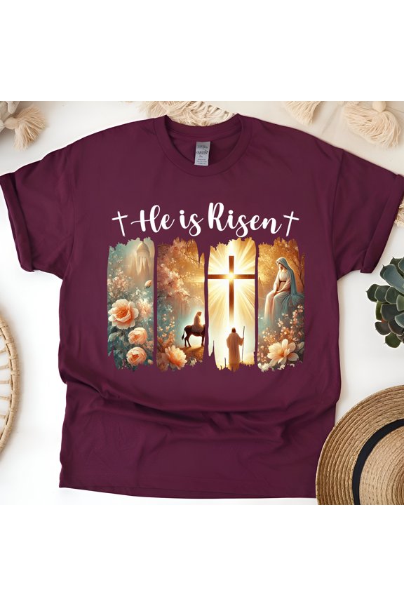 He Is Risen T-Shirt | Christian Cross and Resurrection Graphic Tee, Maroon, Size L
