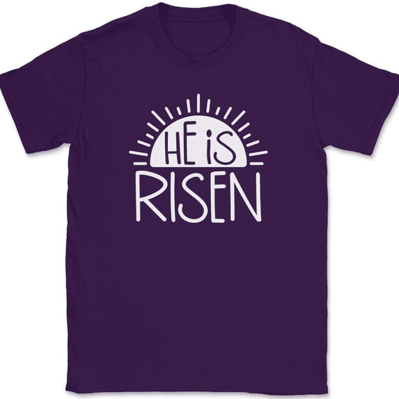 He Is Risen T-Shirt Christian Jesus God Pray Praise Worship Gift Text Tee - Purple, S