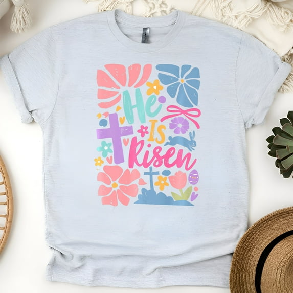 He Is Risen T-Shirt | Colorful Cross and Flowers Christian Graphic Tee, Ash, Size S