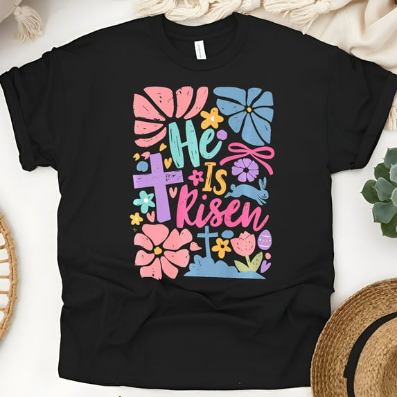 He Is Risen T-Shirt | Colorful Cross and Flowers Christian Graphic Tee, Black, Size M