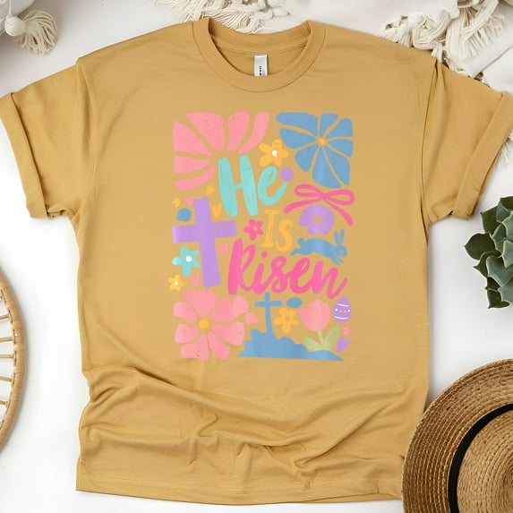 He Is Risen T-Shirt | Colorful Cross and Flowers Christian Graphic Tee, Gold, Size M