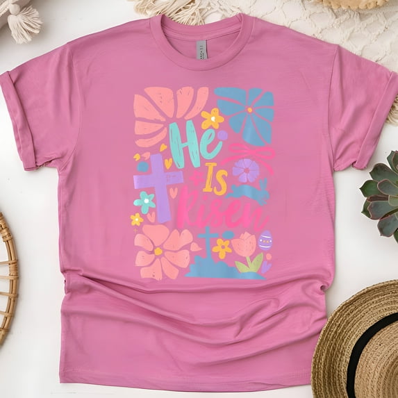 He Is Risen T-Shirt | Colorful Cross and Flowers Christian Graphic Tee, Heliconia, Size XL