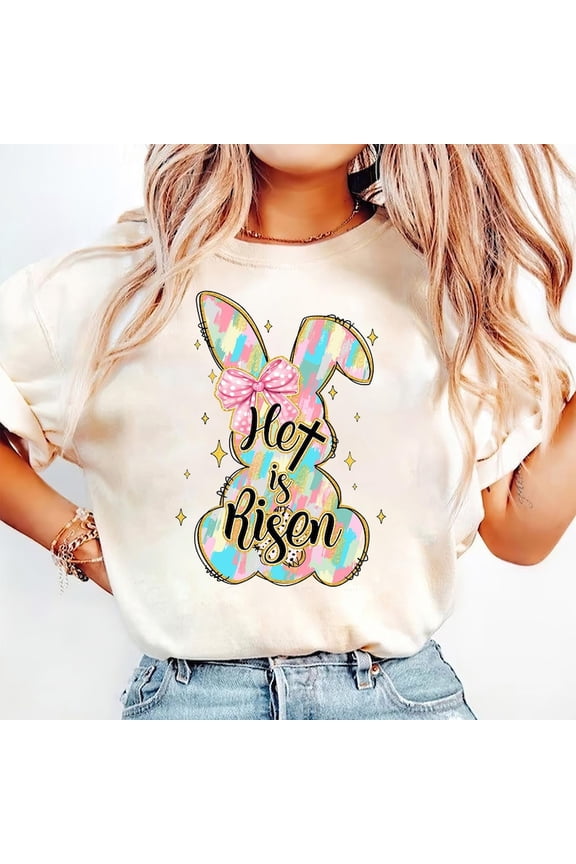 He Is Risen T-Shirt, Easter Bunny Brushstroke Tee, Christian Resurrection Shirt, Hand Drawn Bible Verse Shirt, Happy Easter Faith T-Shirt