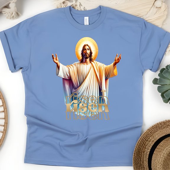 He Is Risen T-Shirt | Faith Quote T-Shirt | Risen Jesus Christian T-Shirt for Men and Women, CarolinaBlue, Size M