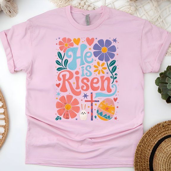He Is Risen T-Shirt | Faith Quote T-Shirt | Unisex Religious Inspirational Shirt for Women Men, Light Pink, Size L