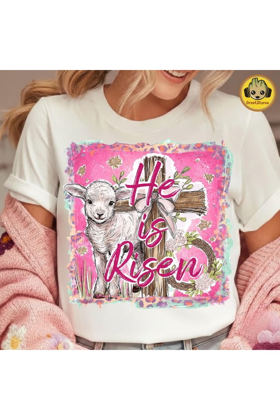 He Is Risen T-shirt, Easter Lamb Cross Christian T-shirt, Hand Drawn Bible Verse , Religious Easter