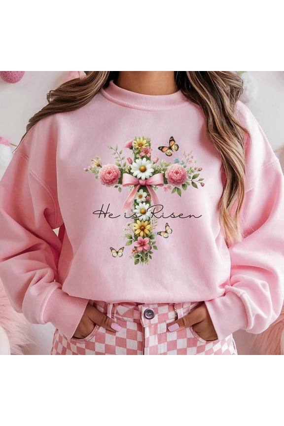 He Is Risen TShirt Christian Easter Crewneck Floral Cross Religious Jesus Shirt FaithBased