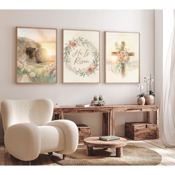 He Is Risen Wall Art Christian Decor Empty Tomb Floral Cross Scripture Artwork Set 3 Stretched Canvas 16x24
