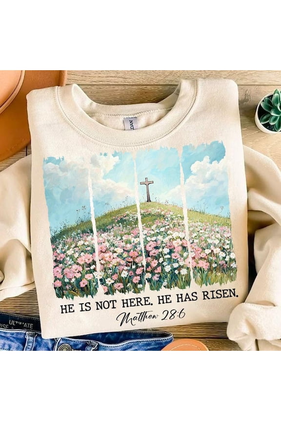 He Is Risen Wildflower Easter Sweater, Spring Floral Boho Christian Jesus Sweatshirt