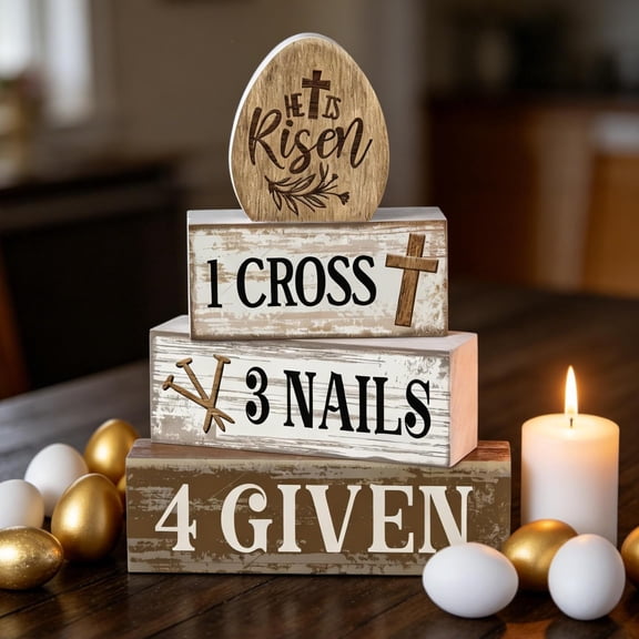 He Is Risen Wooden Stacked Cross and Nails Ornament, Vintage Distressed Table Centerpiece Tray, Holy Week Decorations for Easter Home Church