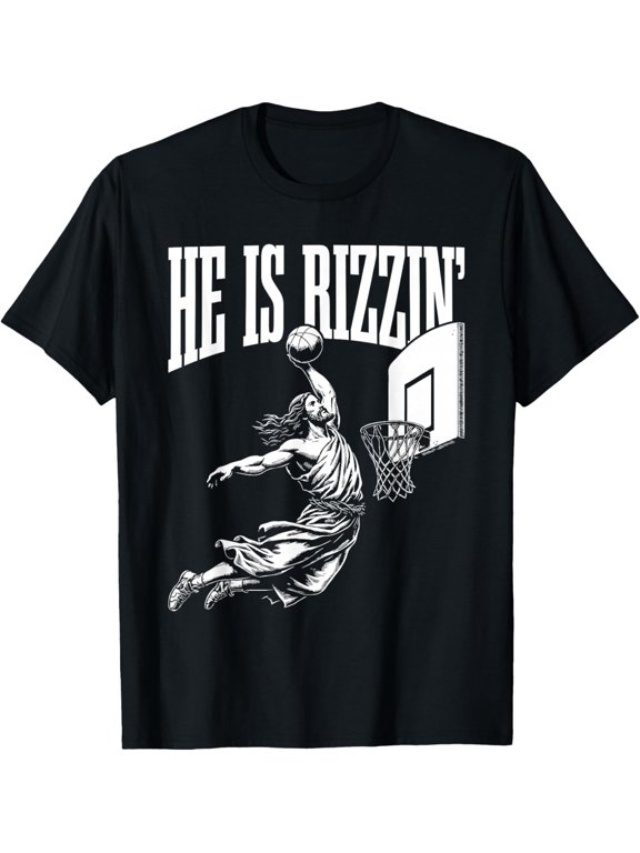 He Is Rizzin Funny Jesus Basketball Meme Easter Christian T-Shirt- American fashion hot selling casual retro high quality 100% cotton T-shirt 1 piece