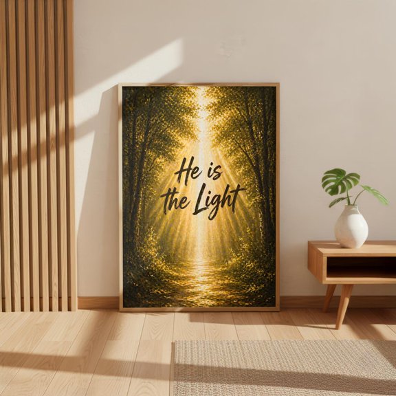 He Is The Light Christian Wall Art Forest Path Scripture Print Faith Quote Decor, Unframed Paper Print