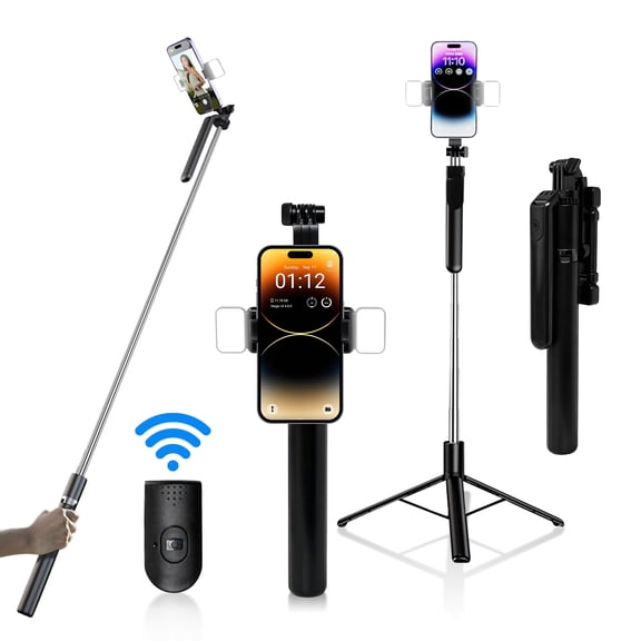 AKKHOO 60.63" Extra Long Selfie Stick, 360 Rotation Anti-shake Extendable Tripod with Lights & Bluetooth Remote, Compatible with iPhone, Android, Samsung | Palo de selfie iphone