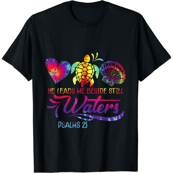 He Leads Me Beside Still Waters, Tie-Dye Psalm 23 Sea Life T-Shirt Black Large