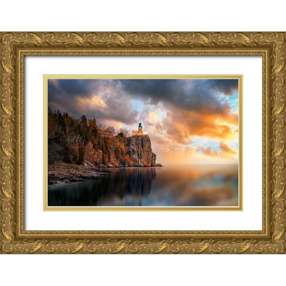 He, Like 14x11 Gold Ornate Wood Framed with Double Matting Museum Art Print Titled - A Cloudy Day At Split Rock Lighthouse