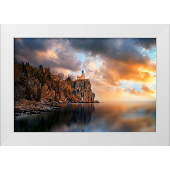 He, Like 14x11 White Modern Wood Framed Museum Art Print Titled - A Cloudy Day At Split Rock Lighthouse
