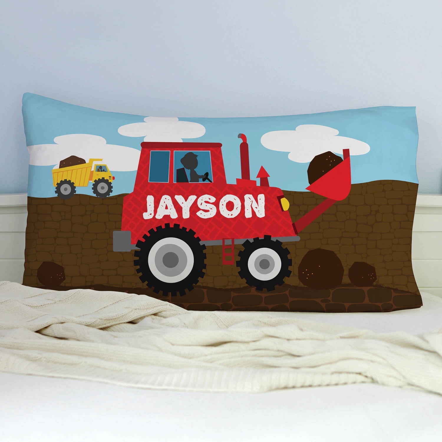 He Loves Construction Personalized Construction Truck Pillowcase