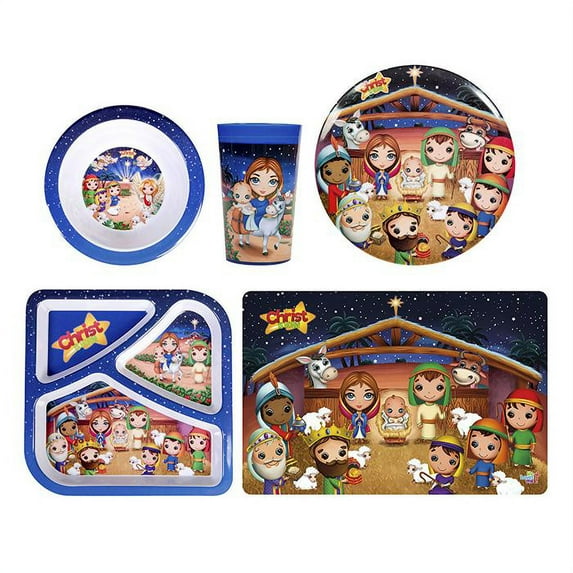 He Loves Me Christmas Kids Feeding Christ is Born 5 Piece Mealtime & Dinnerware Kids Set BPA Free