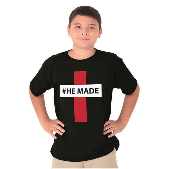 He Made Me Christian Jesus Christ Crewneck T Shirts Boy Girl Teen Brisco Brands XS