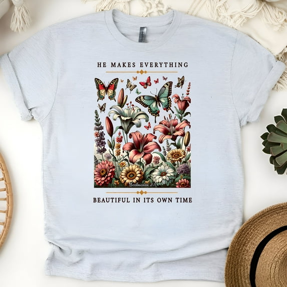 He Makes Everything Beautiful Shirt – Ecclesiastes 3:11 Floral Tee, Ash, Size L