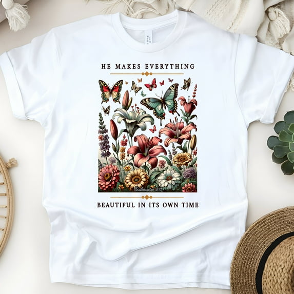 He Makes Everything Beautiful Shirt – Ecclesiastes 3:11 Floral Tee, White, Size 2XL
