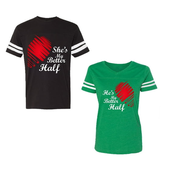 He she is My Better Half Unisex Couple Matching Cotton Jersey style T-Shirt Contrasting stripes on sleeves (Men Black / Women Green) (Men S / Women L)
