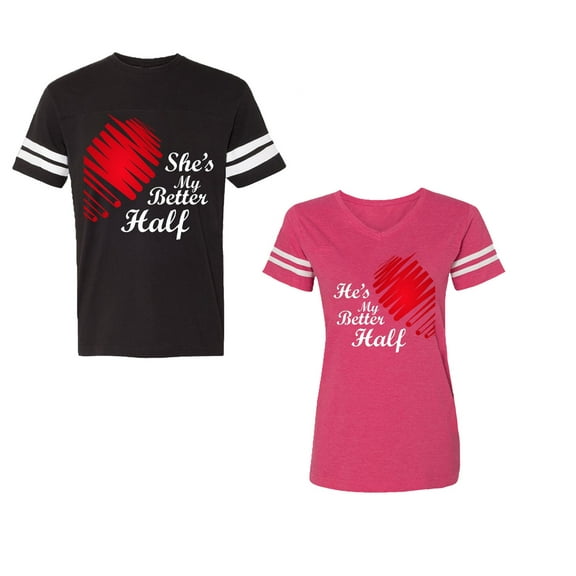 He she is My Better Half Unisex Couple Matching Cotton Jersey style T-Shirt Contrasting stripes on sleeves (Men Black / Women Pink) (Men XXL / Women L)
