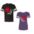 thumbnail image 1 of He she is My Better Half Unisex Couple Matching Cotton Jersey style T-Shirt Contrasting stripes on sleeves (Men Black / Women Purple) (Men L / Women XL), 1 of 3