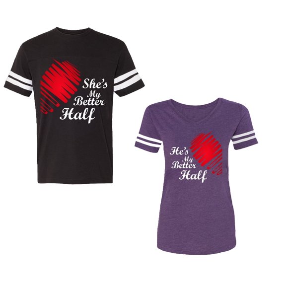 He she is My Better Half Unisex Couple Matching Cotton Jersey style T-Shirt Contrasting stripes on sleeves (Men Black / Women Purple) (Men XL / Women XXL)