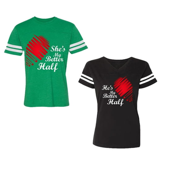 He she is My Better Half Unisex Couple Matching Cotton Jersey style T-Shirt Contrasting stripes on sleeves (Men Green / Women Black) (Men S / Women M)