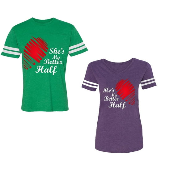 He she is My Better Half Unisex Couple Matching Cotton Jersey style T-Shirt Contrasting stripes on sleeves (Men Green / Women Purple) (Men S / Women XL)