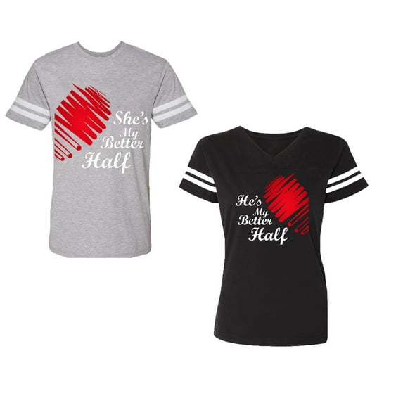 He she is My Better Half Unisex Couple Matching Cotton Jersey style T-Shirt Contrasting stripes on sleeves (Men Heather / Women Black) (Men XL / Women XL)