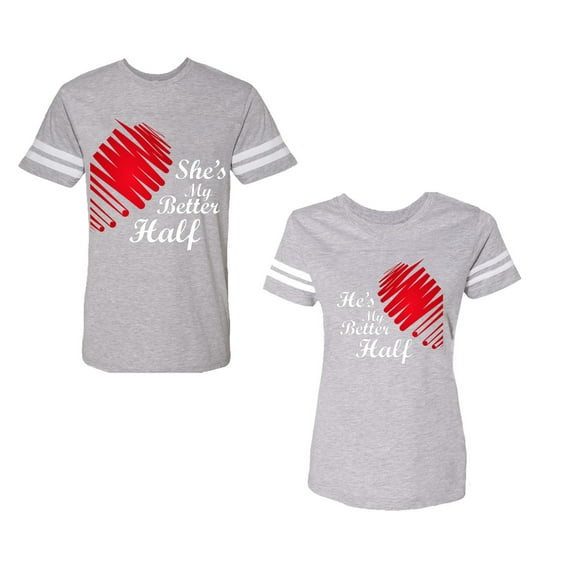 He she is My Better Half Unisex Couple Matching Cotton Jersey style T-Shirt Contrasting stripes on sleeves (Men Heather / Women Heather) (Men L / Women XL)
